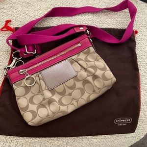 Couch signature tan logo crossbody bag. Pink trim